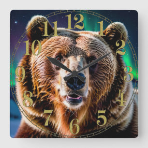 Aurora & Grizzly Bear Wildlife Design Square Wall Clock