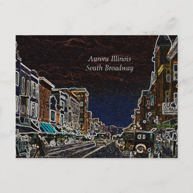 Aurora Illinois South Broadway Neon Art 1920 Postcard (Front)