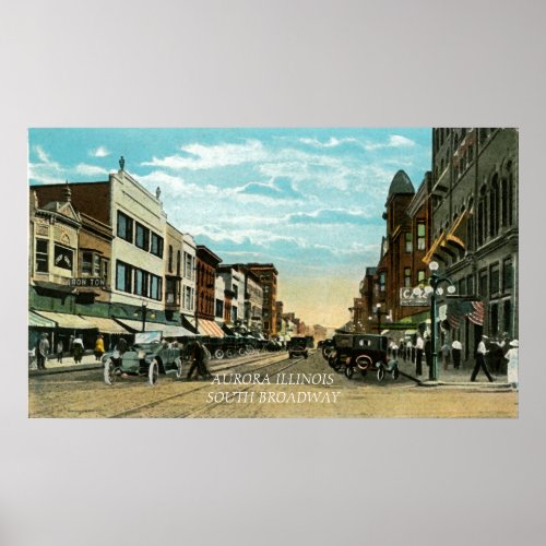 Aurora Illinois South Broadway WATERCOLOR Art 1920 Poster