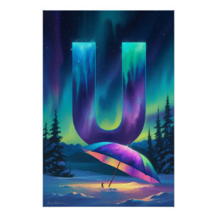 Aurora Letter U Poster   Northern Lights Art
