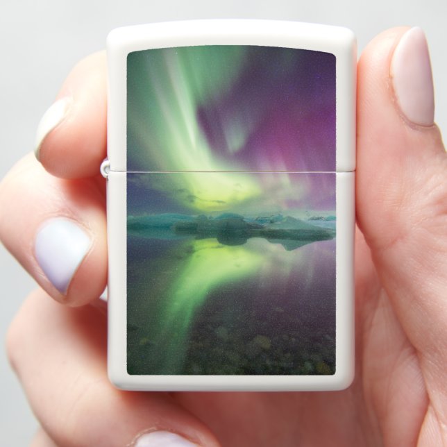 Aurora Lights in Lagoon | Jokulsarlon, Iceland Zippo Lighter (In Hand)