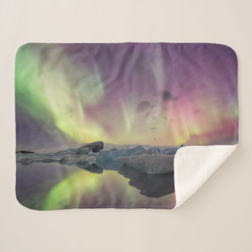 Aurora Lights Reflect in Lagoon Sherpa Blanket