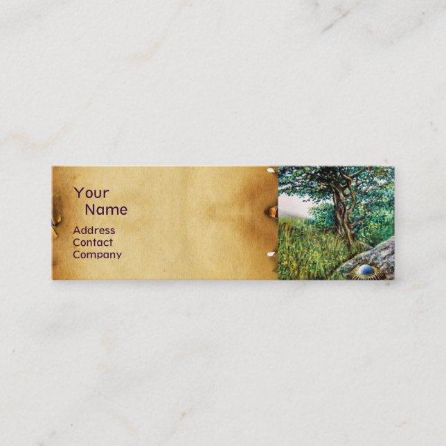 AURORA / MAGIC TREE, green, blue,parchment Mini Business Card (Front)