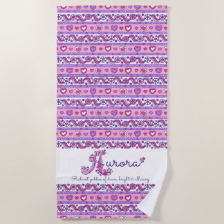 Aurora name meaning flower heart pink beach towel