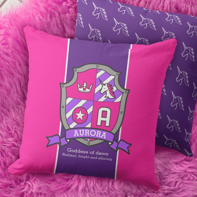 Aurora name meaning unicorn shield pink purple throw pillow (Creator Uploaded)