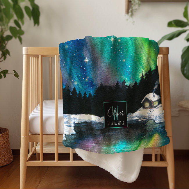 Aurora Northern Lights Winter Cabin | Monogram Sherpa Blanket