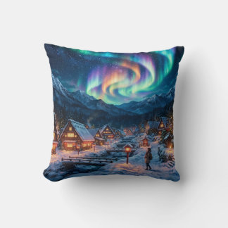 Aurora Northern Lights Winter Village Throw Pillow