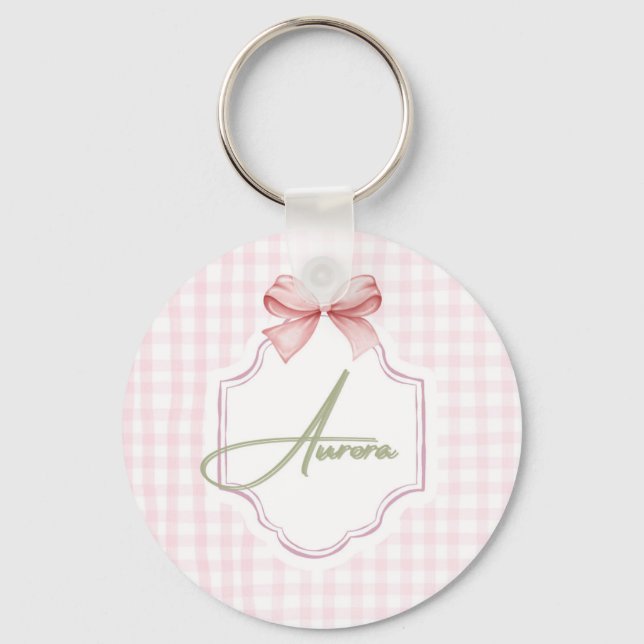 Aurora Personalized Pink Bow & Gingham Print  Keychain (Front)