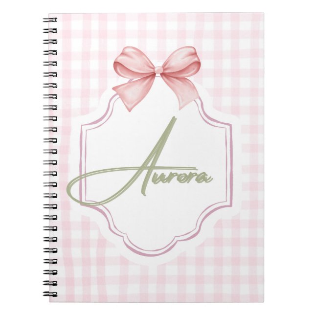 Aurora Personalized Pink Bow & Gingham Print  Notebook (Front)