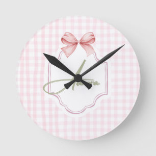 Aurora Personalized Pink Bow & Gingham Print Round Clock