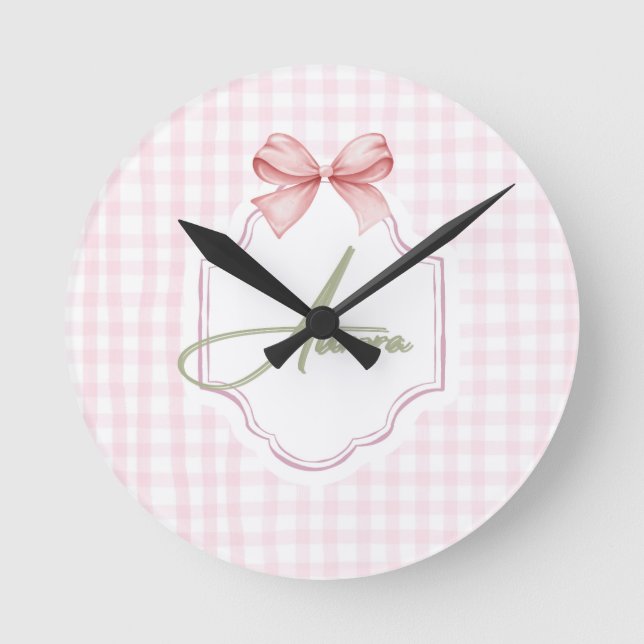 Aurora Personalized Pink Bow & Gingham Print  Round Clock (Front)