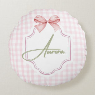 Aurora Personalized Pink Bow & Gingham Print Round Pillow