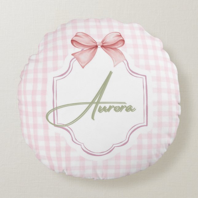 Aurora Personalized Pink Bow & Gingham Print  Round Pillow (Front)