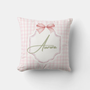 Aurora Personalized Pink Bow & Gingham Print Throw Pillow