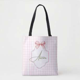 Aurora Personalized Pink Bow & Gingham Print Tote Bag