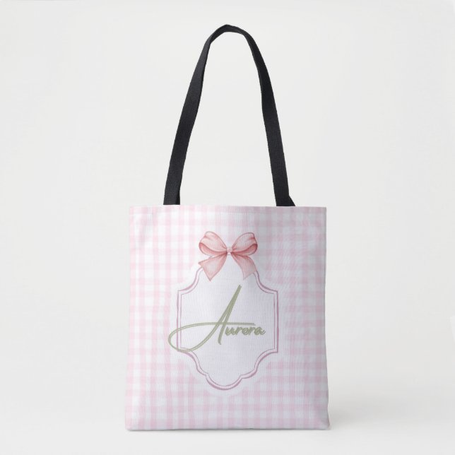 Aurora Personalized Pink Bow & Gingham Print  Tote Bag (Front)