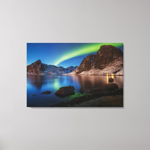 Aurora Polar Lights with beautiful ocean mountain Canvas Print