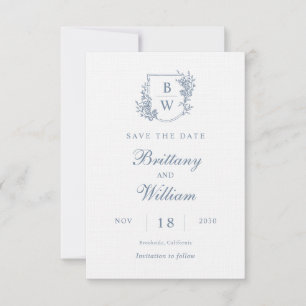 [AURORA] Vintage Dusty Blue Crest Monogram Wedding Save The Date