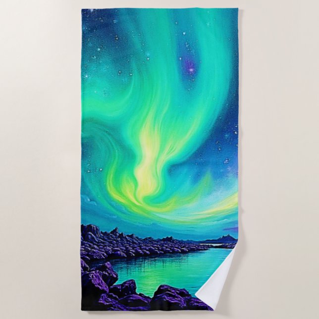 Aurora's Magical Night Sky Dance Design Beach Towel (Front)