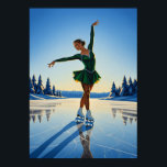 AURORE GLACÉE (Frozen Dawn) - Original Art Deco Ar Poster<br><div class="desc">An elegant Art Deco oil painting of an ice skater in a striking emerald green costume,  her sleek geometric form illuminated by the golden rim light of dawn as she glides across a polished,  frozen lake.</div>