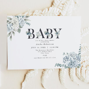 AUSHA Dusty Blue Boy Baby Shower Invitation
