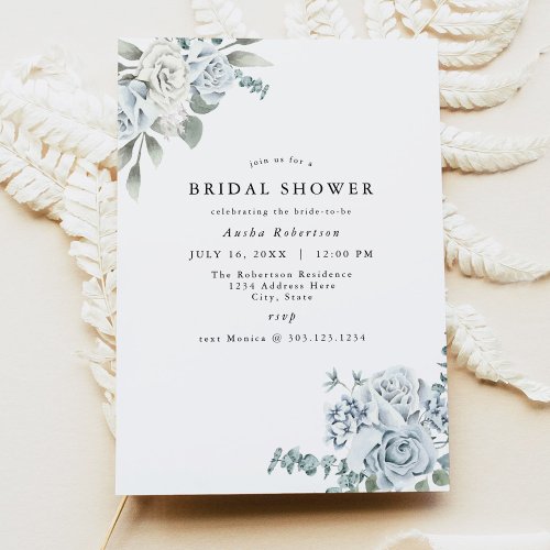 AUSHA Dusty Blue Floral Blue Bridal Shower Invitation