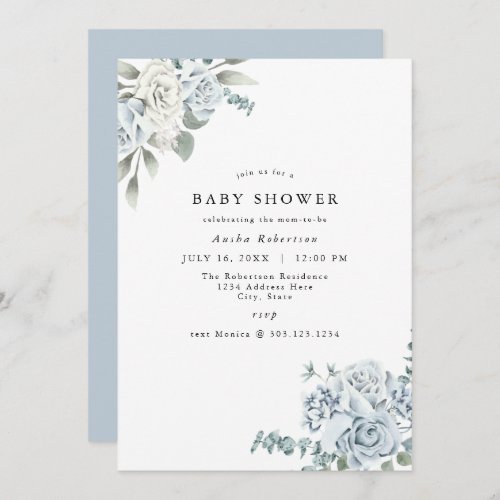 AUSHA Dusty Blue Floral Boy Baby Shower Invitation
