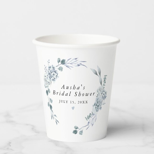 AUSHA Dusty Blue Floral Boy Baby Shower Paper Cups (Front)
