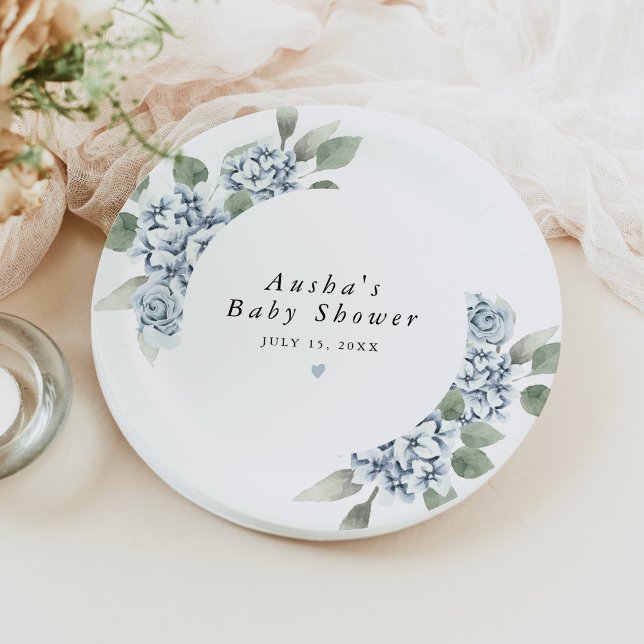 AUSHA Dusty Blue Floral Boy Baby Shower Paper Plates (Creator Uploaded)