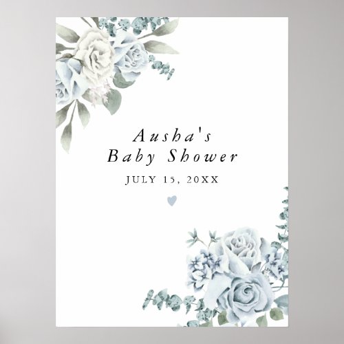 AUSHA Dusty Blue Floral Boy Baby Shower Welcome Poster