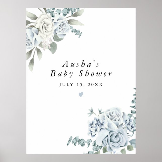 AUSHA Dusty Blue Floral Boy Baby Shower Welcome Poster (Front)