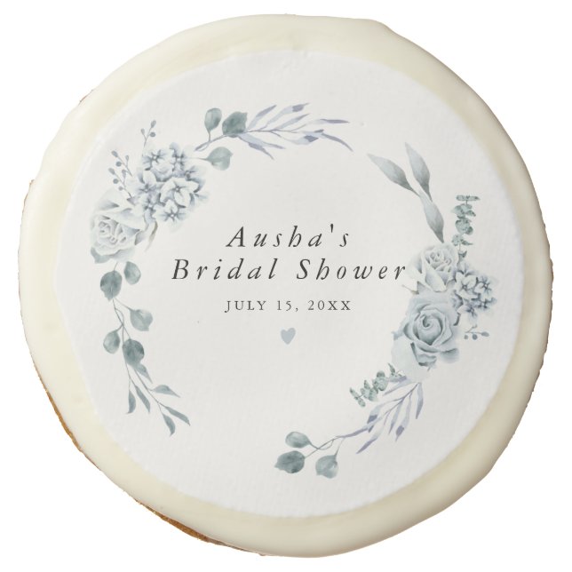 AUSHA Elegant Dusty Blue Floral Bridal Shower Sugar Cookie (Front)