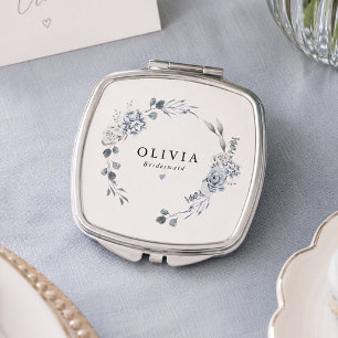 AUSHA Elegant Dusty Blue Floral Bridesmaid Wedding Compact Mirror