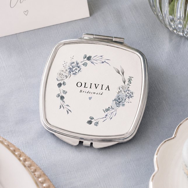 AUSHA Elegant Dusty Blue Floral Bridesmaid Wedding Compact Mirror (Customizable Dusty Blue Floral Bridal Party Compact Mirror Gift)