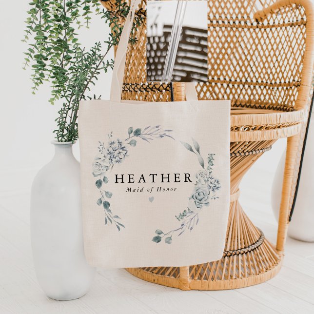 AUSHA Elegant Dusty Blue Floral Bridesmaid Wedding Tote Bag (Creator Uploaded)