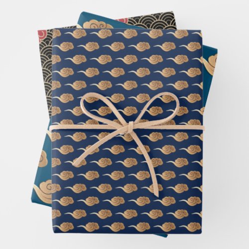 Auspicious Clouds 2023 Chinese New Year Blue Gold Wrapping Paper Sheets