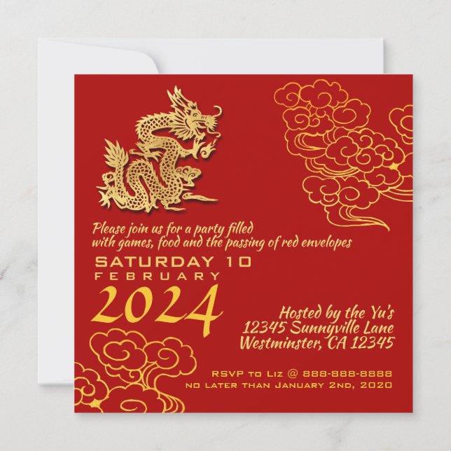 Auspicious Clouds Chinese New Year Dragon 2024 Sq Invitation (Back)