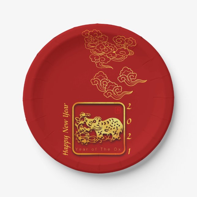 Auspicious Clouds Chinese New Year OX 2021 PP Paper Plates (Front)