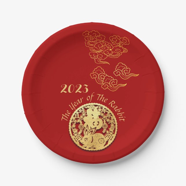 Auspicious Clouds Chinese New Year Rabbit 2023 PP Paper Plates (Front)