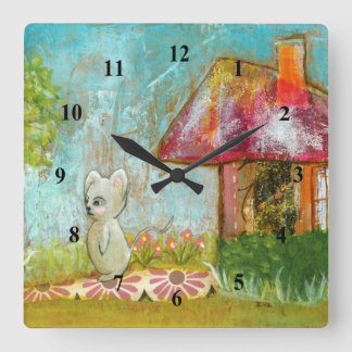 Auspicious Day Whimsical Woodland Mouse Folk Art Square Wall Clock