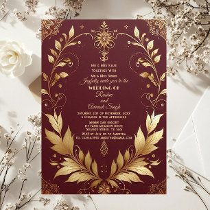 Auspicious Gold Ornate Maroon Leafy Swirls Indian Invitation