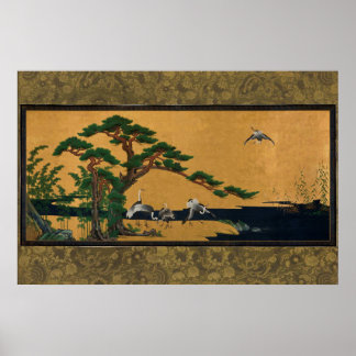 Auspicious pine, bamboo, plum, crane, and turtles poster