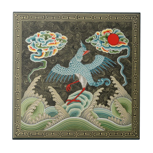 Auspicious Tide & Phoenix Rising Chinese Pattern Ceramic Tile (Front)