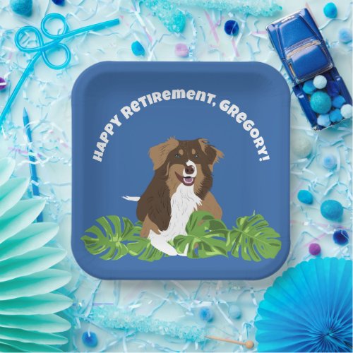 Aussie Australian Shepherd Dog Tropical Leaves Paper Plates