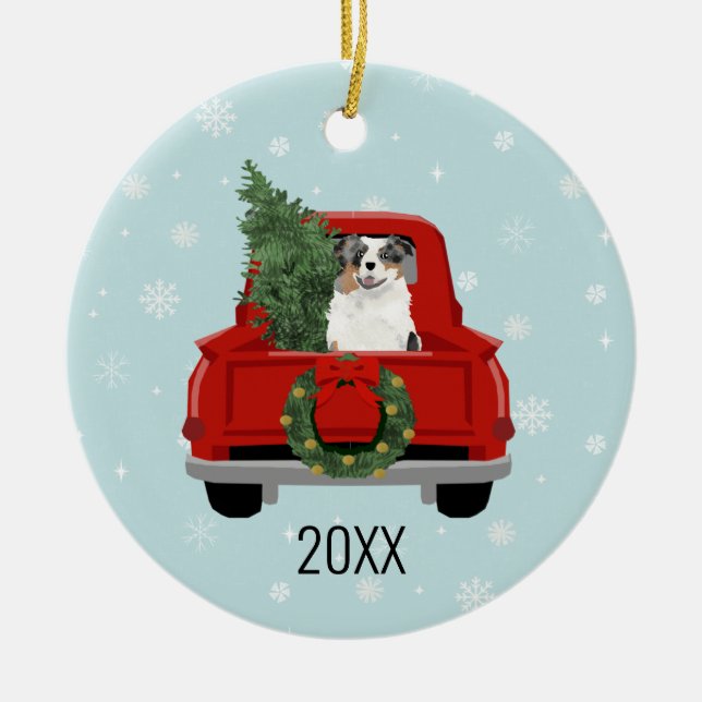 Aussie dog blue merle christmas ceramic ornament (Front)