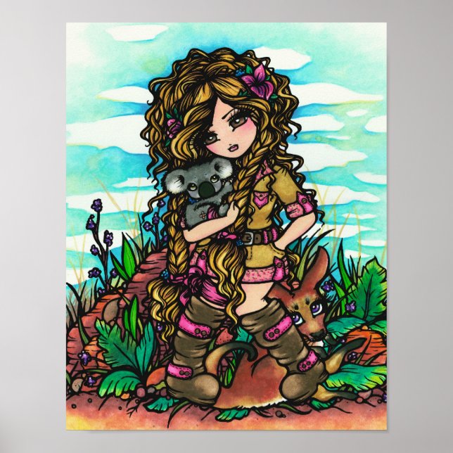 Aussie Girl Koala Kangaroo Art Australia Outback Poster (Front)