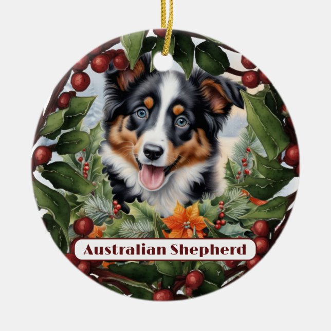 Aussie Pup Ornament, Personalize Puppy Christmas  Ceramic Ornament (Front)