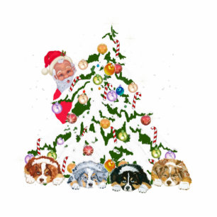Aussie Pups under the tree w/Santa Statuette
