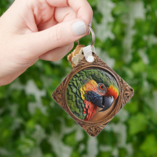 Aussie Spirit: A Lorikeet Perched In Carved Wood Keychain