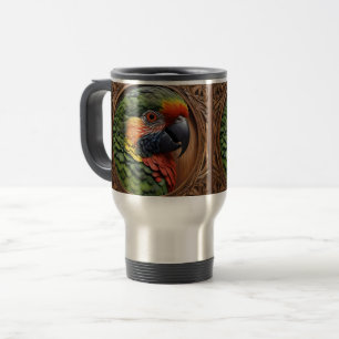 Aussie Spirit: A Lorikeet Perched In Carved Wood Travel Mug